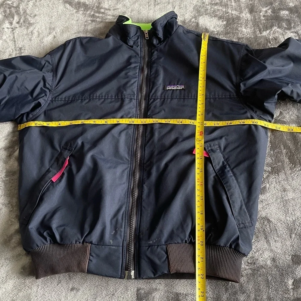Patagonia Bomber Jacket Kids 14 Fleece Lined Winter Zip Navy Blue Green Made USA